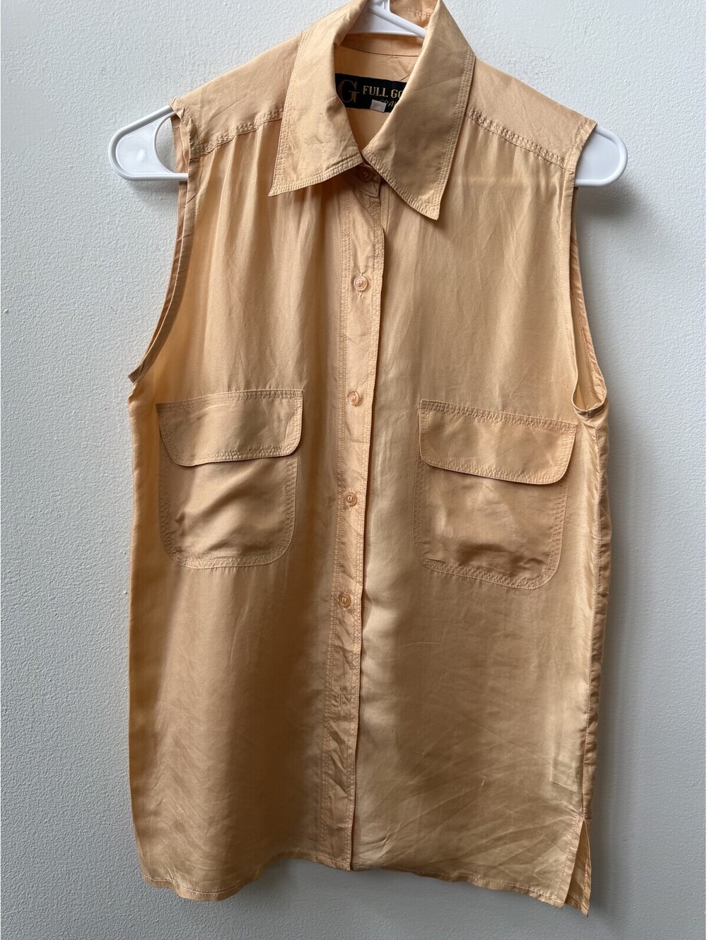 Vintage Full Gold Spain 100% Pure Silk Sleeveless Pocket Shirt Apricot Medium